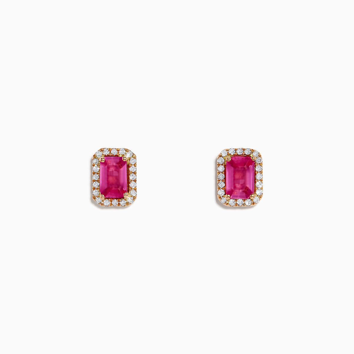 14K Rose Gold Pink Sapphire and Diamond Earrings featuring rectangular pink sapphires bordered by small round diamonds, set in rose gold, displayed on a white background.