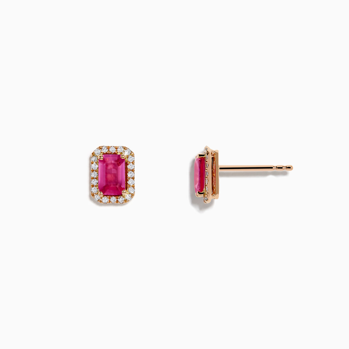 14K Rose Gold Pink Sapphire and Diamond Earrings featuring rectangular pink sapphires bordered by small round diamonds, set in rose gold, displayed on a white background.