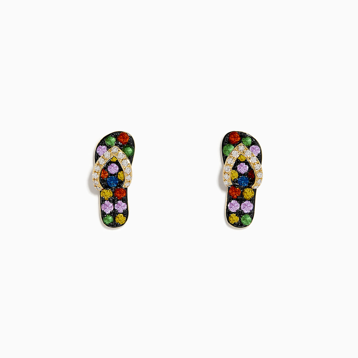 The 14K Yellow Gold Multi Color Sapphire and Diamond Sandal Earrings feature playful flip-flop shapes with vibrant sapphires and diamonds in floral and geometric patterns on a white background.