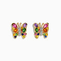 Watercolors 14K Yellow Gold Multi Sapphire Butterfly Earrings, adorned with vibrant sapphires and clear center stones, are showcased against a white background.