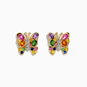 Watercolors 14K Yellow Gold Multi Sapphire Butterfly Earrings, adorned with vibrant sapphires and clear center stones, are showcased against a white background.