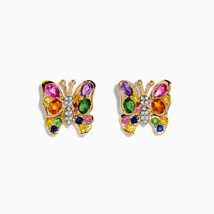 Watercolors 14K Yellow Gold Multi Sapphire Butterfly Earrings, adorned with vibrant sapphires and clear center stones, are showcased against a white background.