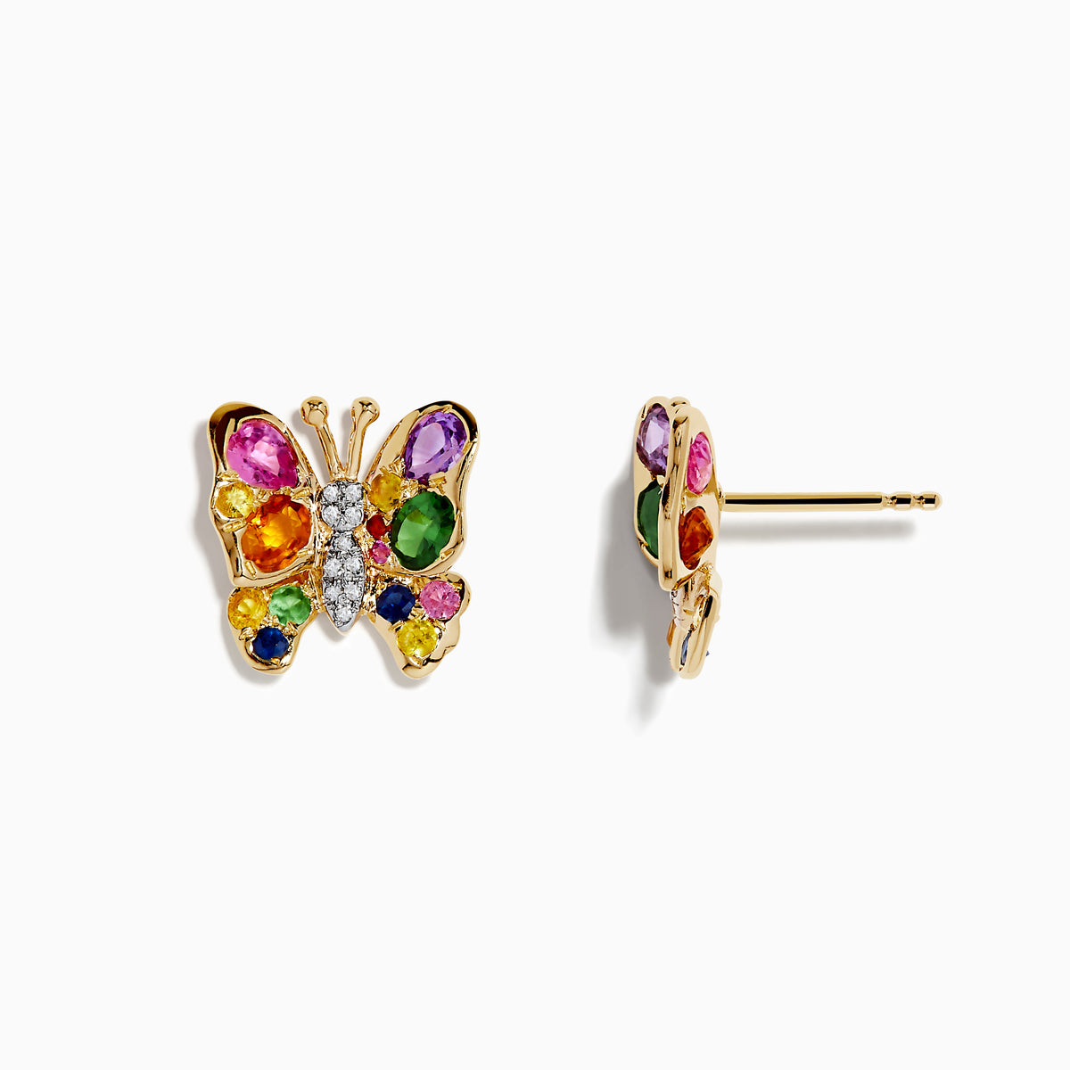 Watercolors 14K Yellow Gold Multi Sapphire Butterfly Earrings, adorned with vibrant sapphires and clear center stones, are showcased against a white background.