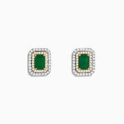 Introducing the Brasilica 14K White & Yellow Gold Emerald and Diamond Earrings, featuring rectangular emerald centers framed by sparkling diamonds in a double halo design.