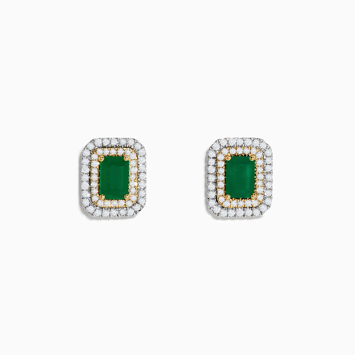 Introducing the Brasilica 14K White & Yellow Gold Emerald and Diamond Earrings, featuring rectangular emerald centers framed by sparkling diamonds in a double halo design.
