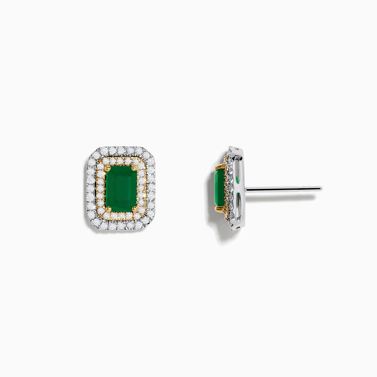 Introducing the Brasilica 14K White & Yellow Gold Emerald and Diamond Earrings, featuring rectangular emerald centers framed by sparkling diamonds in a double halo design.
