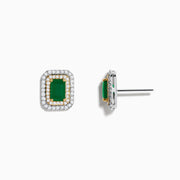 Introducing the Brasilica 14K White & Yellow Gold Emerald and Diamond Earrings, featuring rectangular emerald centers framed by sparkling diamonds in a double halo design.
