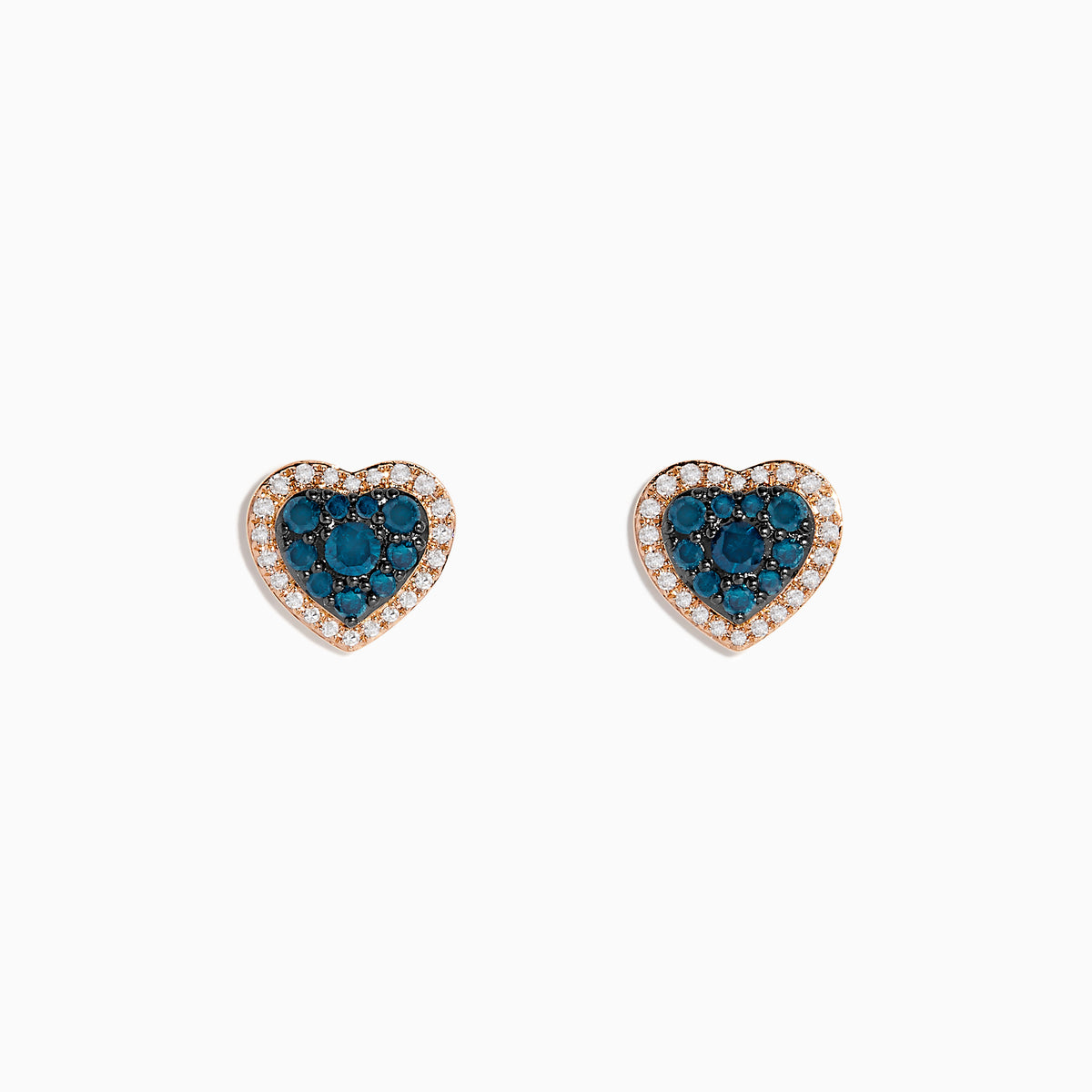 The Bella Bleu 14K Rose Gold Blue and White Diamond Heart Earrings showcase blue and white diamonds at the center, bordered by clear stones in a rose gold setting, displayed against a white background.