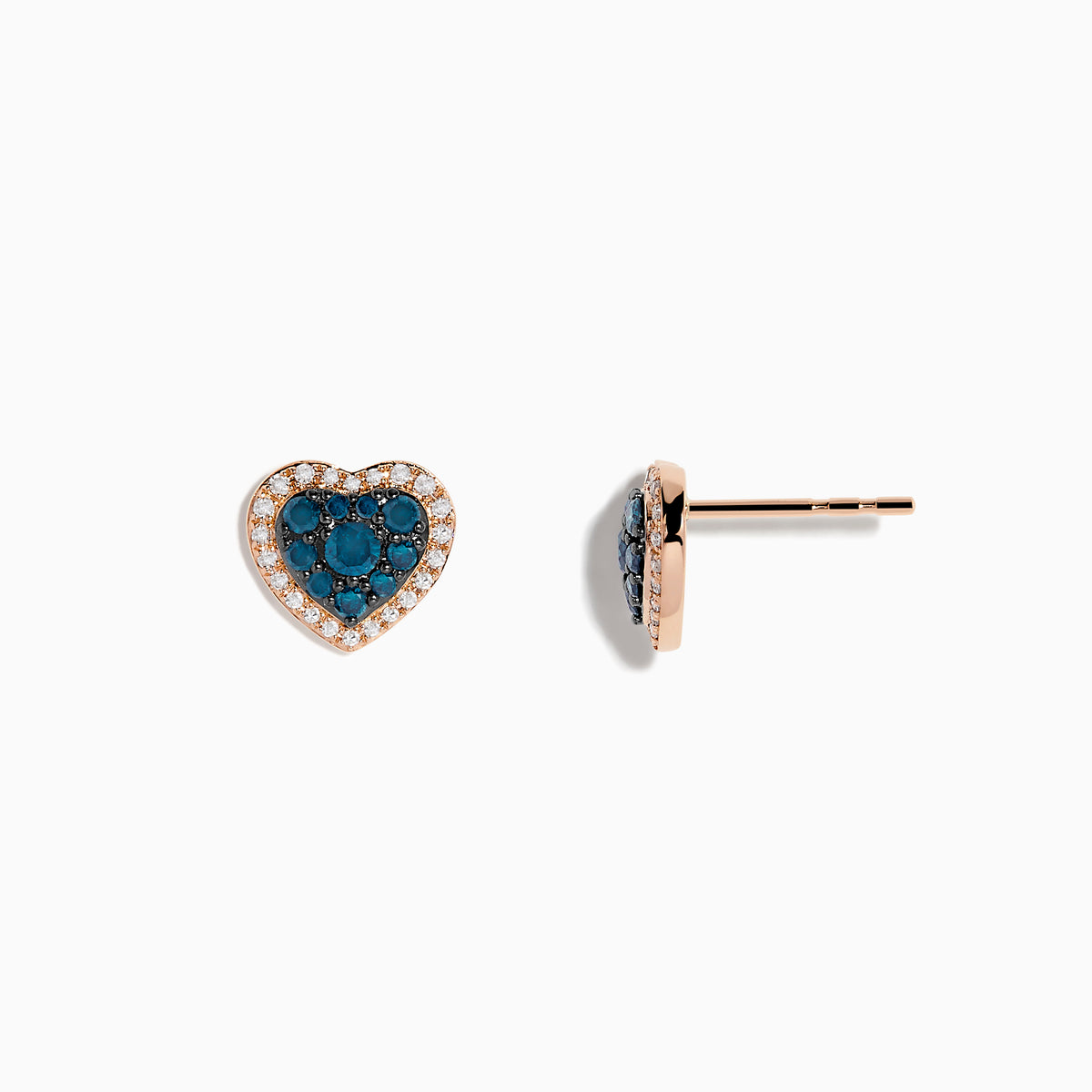 The Bella Bleu 14K Rose Gold Blue and White Diamond Heart Earrings showcase blue and white diamonds at the center, bordered by clear stones in a rose gold setting, displayed against a white background.