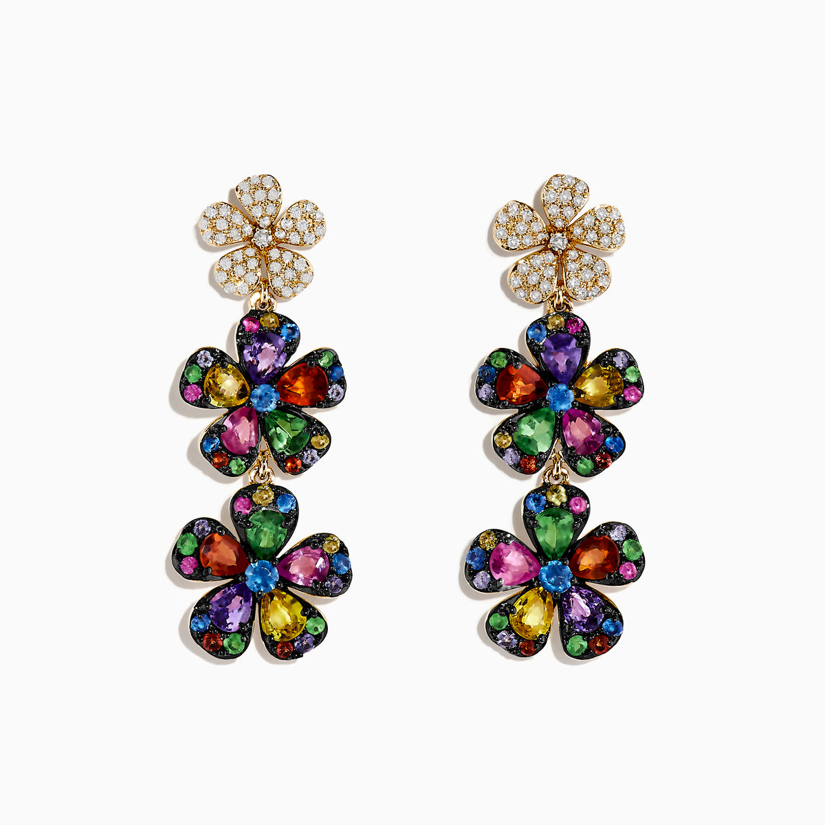 The Watercolors 14K Yellow Gold Multi Sapphire Flower Earrings feature three-tiered sapphire petals outlined in gold, attached to a gold flower stud adorned with sparkling clear crystals.