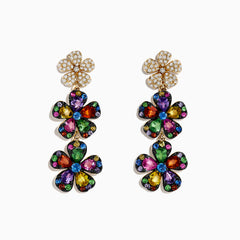 The Watercolors 14K Yellow Gold Multi Sapphire Flower Earrings feature three-tiered sapphire petals outlined in gold, attached to a gold flower stud adorned with sparkling clear crystals.