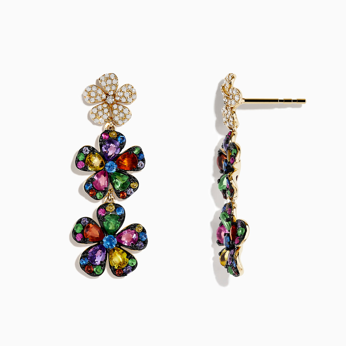 The Watercolors 14K Yellow Gold Multi Sapphire Flower Earrings feature three-tiered sapphire petals outlined in gold, attached to a gold flower stud adorned with sparkling clear crystals.