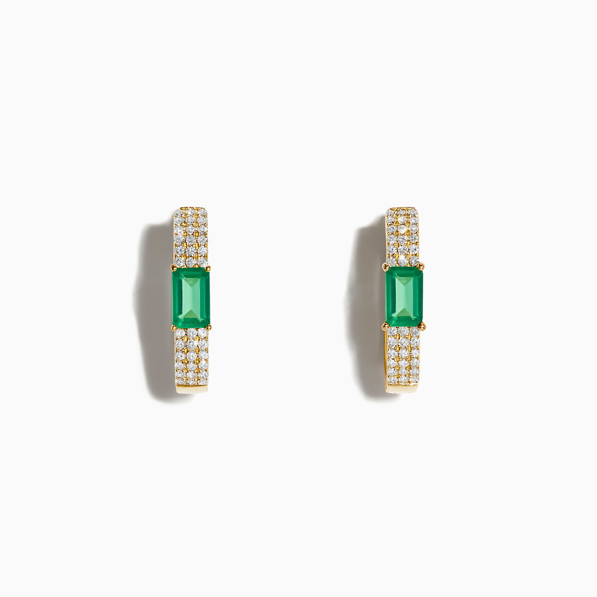 The Brasilica 14K Yellow Gold Emerald and Diamond Huggie Earrings feature rectangular green emeralds accented by rows of sparkling white diamonds, shown on a white background—an elegant, timeless accessory.