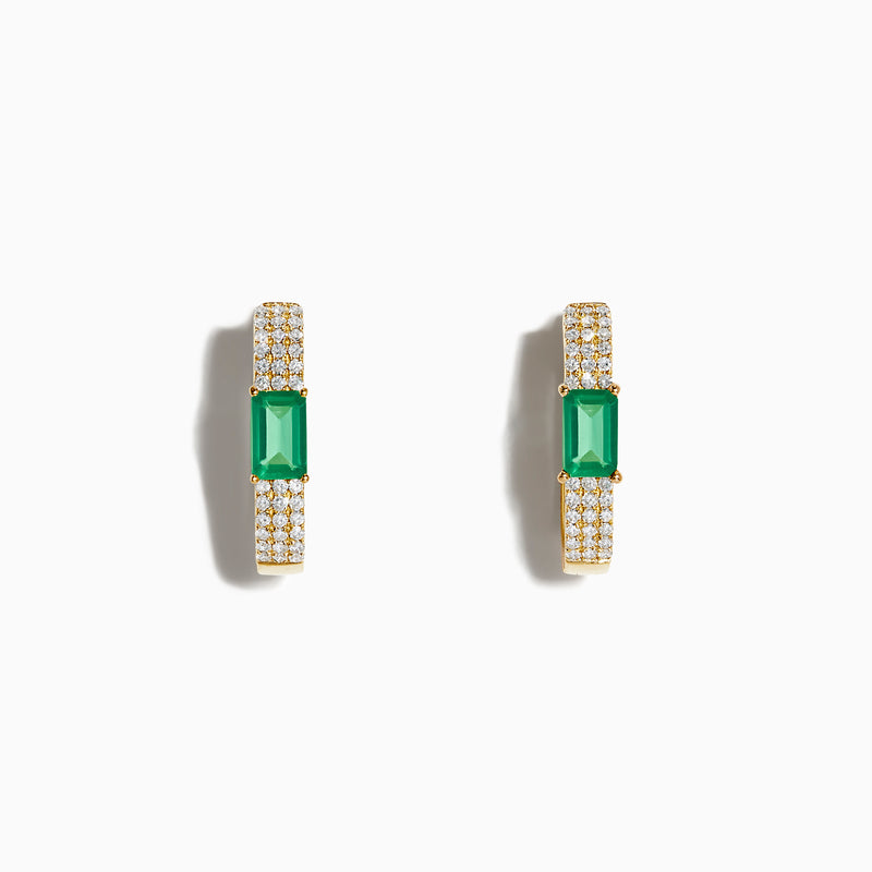 The Brasilica 14K Yellow Gold Emerald and Diamond Huggie Earrings feature rectangular green emeralds accented by rows of sparkling white diamonds, shown on a white background—an elegant, timeless accessory.