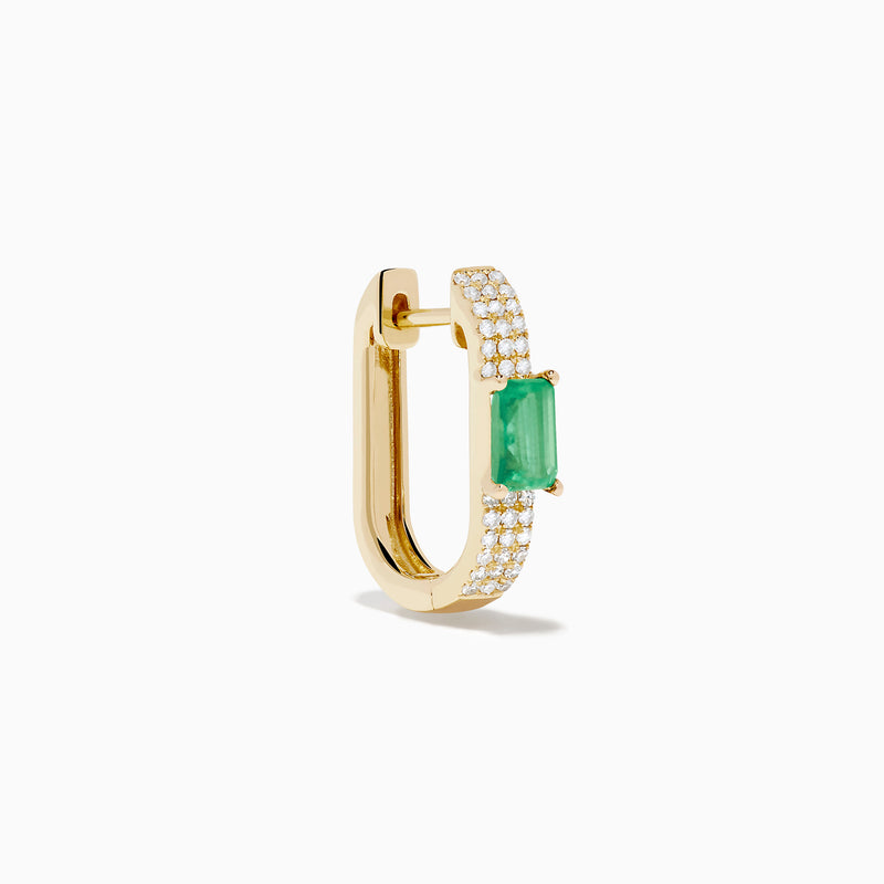 The Brasilica 14K Yellow Gold Emerald and Diamond Huggie Earrings feature rectangular green emeralds accented by rows of sparkling white diamonds, shown on a white background—an elegant, timeless accessory.