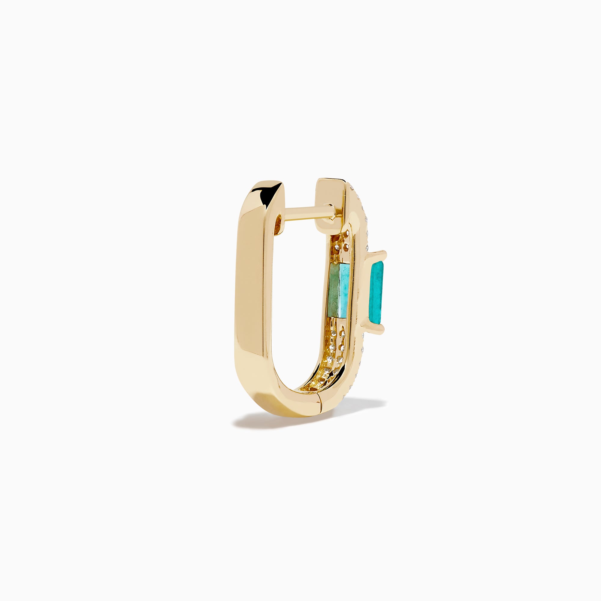 The Brasilica 14K Yellow Gold Emerald and Diamond Huggie Earrings feature rectangular green emeralds accented by rows of sparkling white diamonds, shown on a white background—an elegant, timeless accessory.
