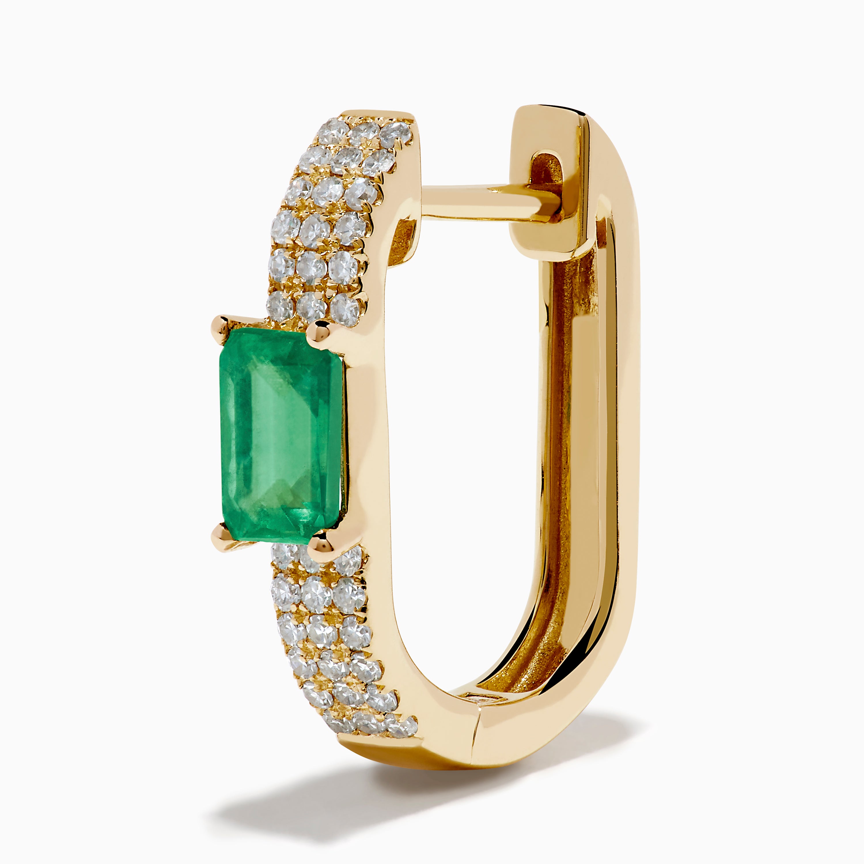 The Brasilica 14K Yellow Gold Emerald and Diamond Huggie Earrings feature rectangular green emeralds accented by rows of sparkling white diamonds, shown on a white background—an elegant, timeless accessory.