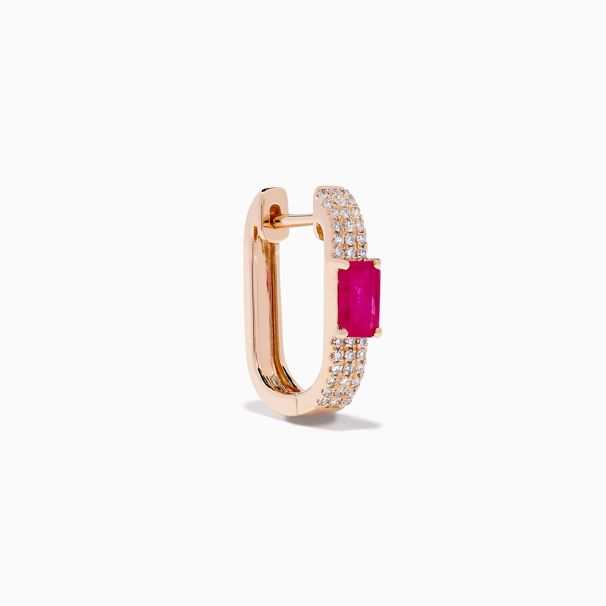 The Ruby Royale 14K Rose Gold Ruby and Diamond Huggie Earrings feature rectangular red rubies flanked by rows of sparkling white diamonds, set in rose gold and displayed against a white background.