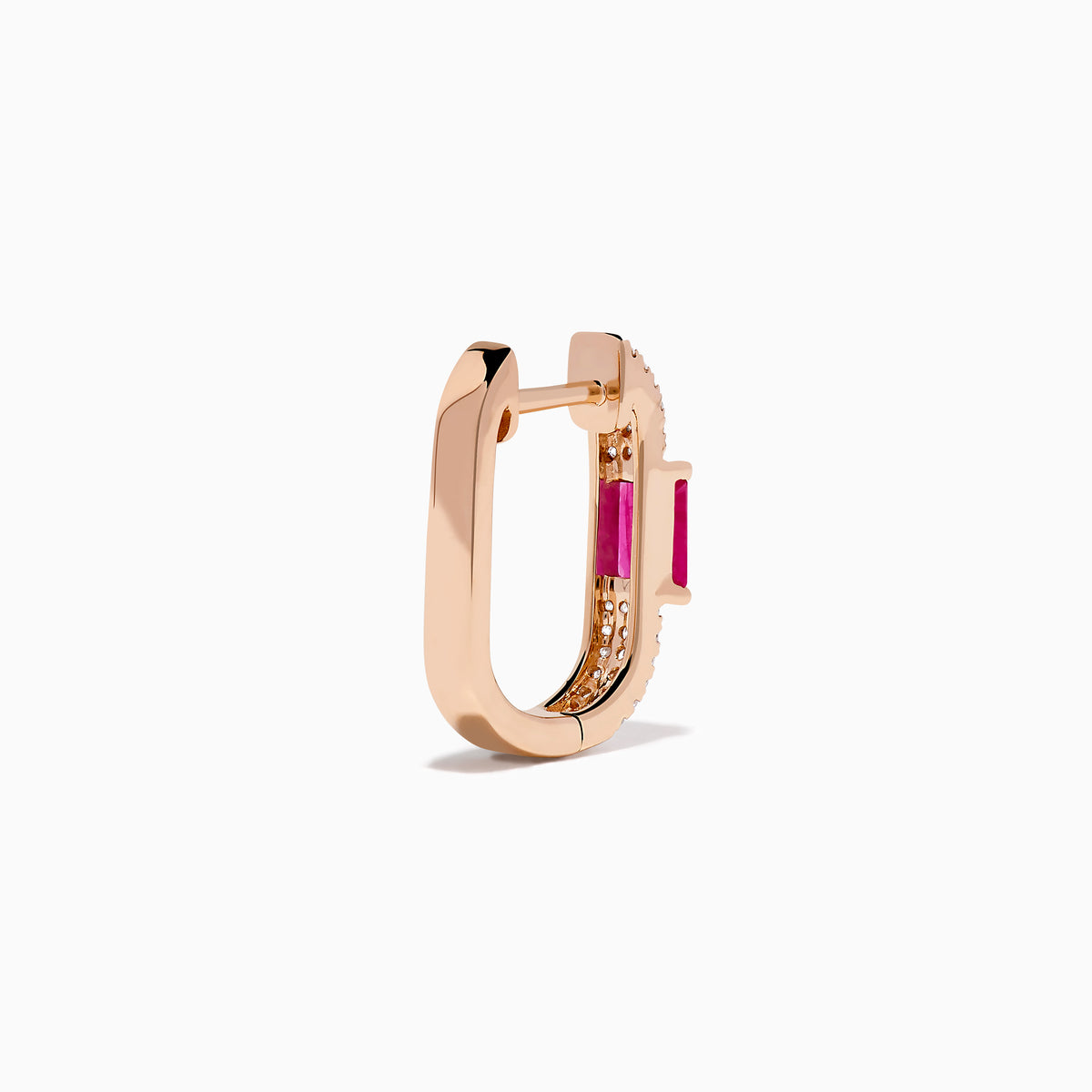 The Ruby Royale 14K Rose Gold Ruby and Diamond Huggie Earrings feature rectangular red rubies flanked by rows of sparkling white diamonds, set in rose gold and displayed against a white background.