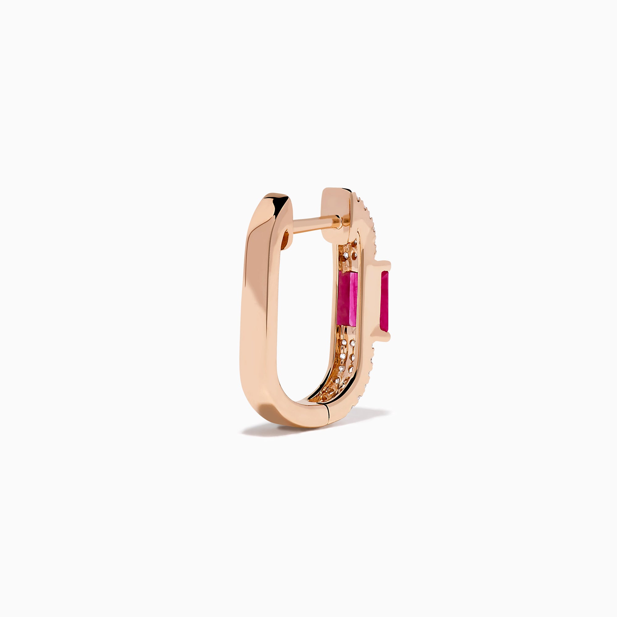 The Ruby Royale 14K Rose Gold Ruby and Diamond Huggie Earrings feature rectangular red rubies flanked by rows of sparkling white diamonds, set in rose gold and displayed against a white background.