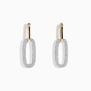 925 Sterling Silver Two Tone Gold Plated Diamond Paper Clip Earrings featuring elongated oval hoops adorned with small diamonds, suspended from simple gold hooks, shown on a white background.