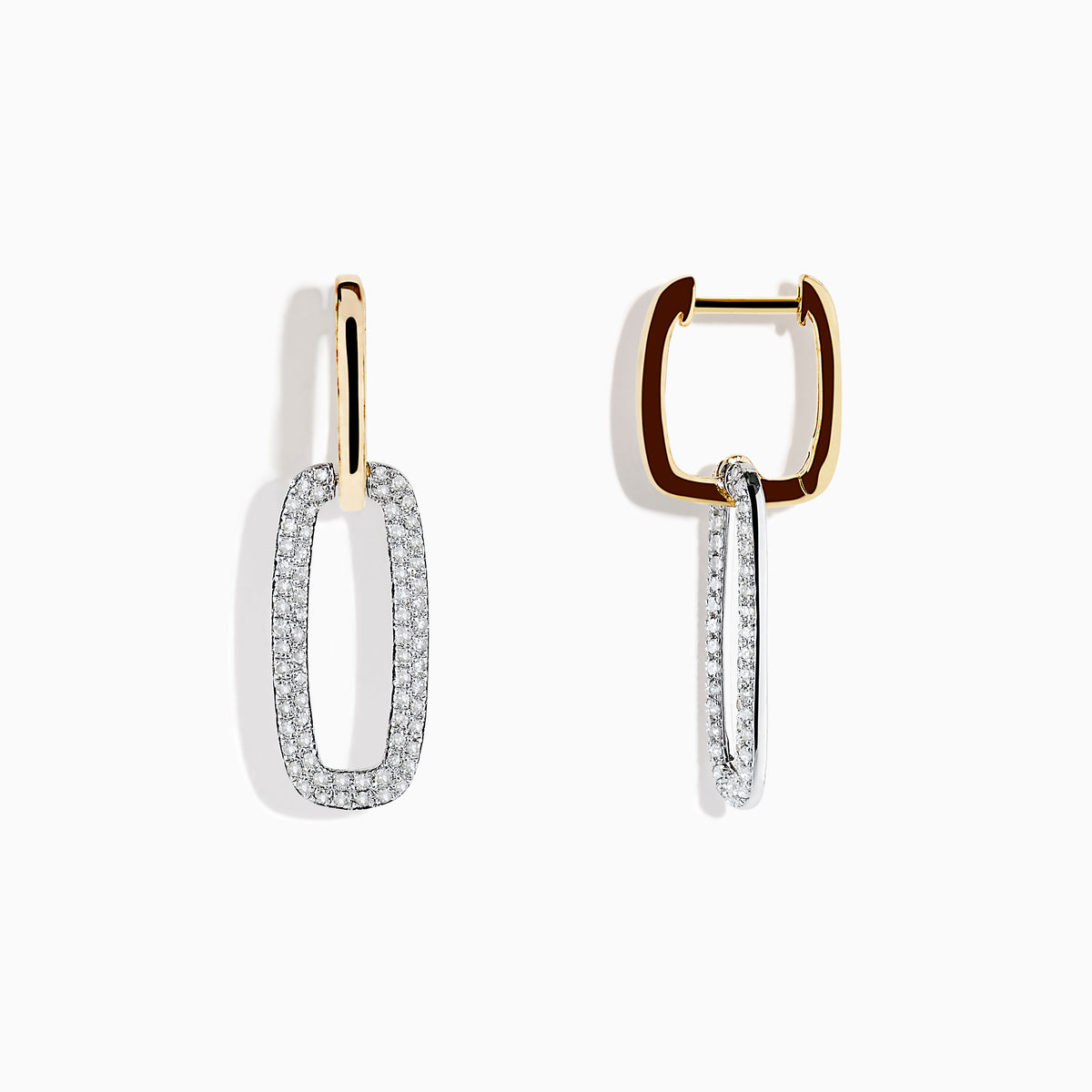 925 Sterling Silver Two Tone Gold Plated Diamond Paper Clip Earrings featuring elongated oval hoops adorned with small diamonds, suspended from simple gold hooks, shown on a white background.
