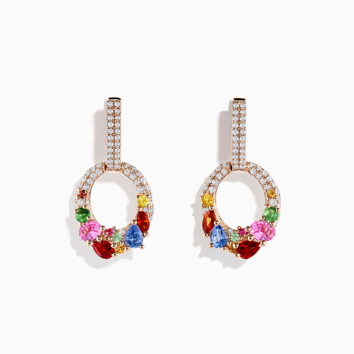 14K Rose Gold Multi Sapphire and Diamond Earrings featuring sparkling diamonds and sapphires in red, pink, blue, green, and yellow, set against a white background.