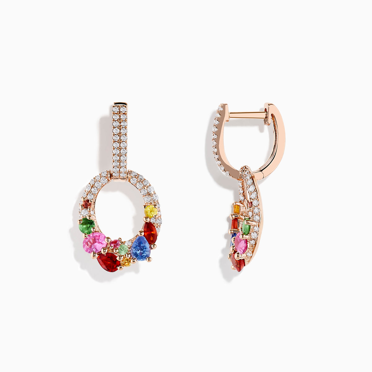 14K Rose Gold Multi Sapphire and Diamond Earrings featuring sparkling diamonds and sapphires in red, pink, blue, green, and yellow, set against a white background.