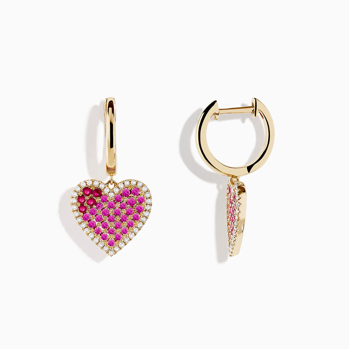 Novelty 14K yellow gold heart earrings with ruby, pink sapphire, and diamond accents are elegantly displayed on a white background.