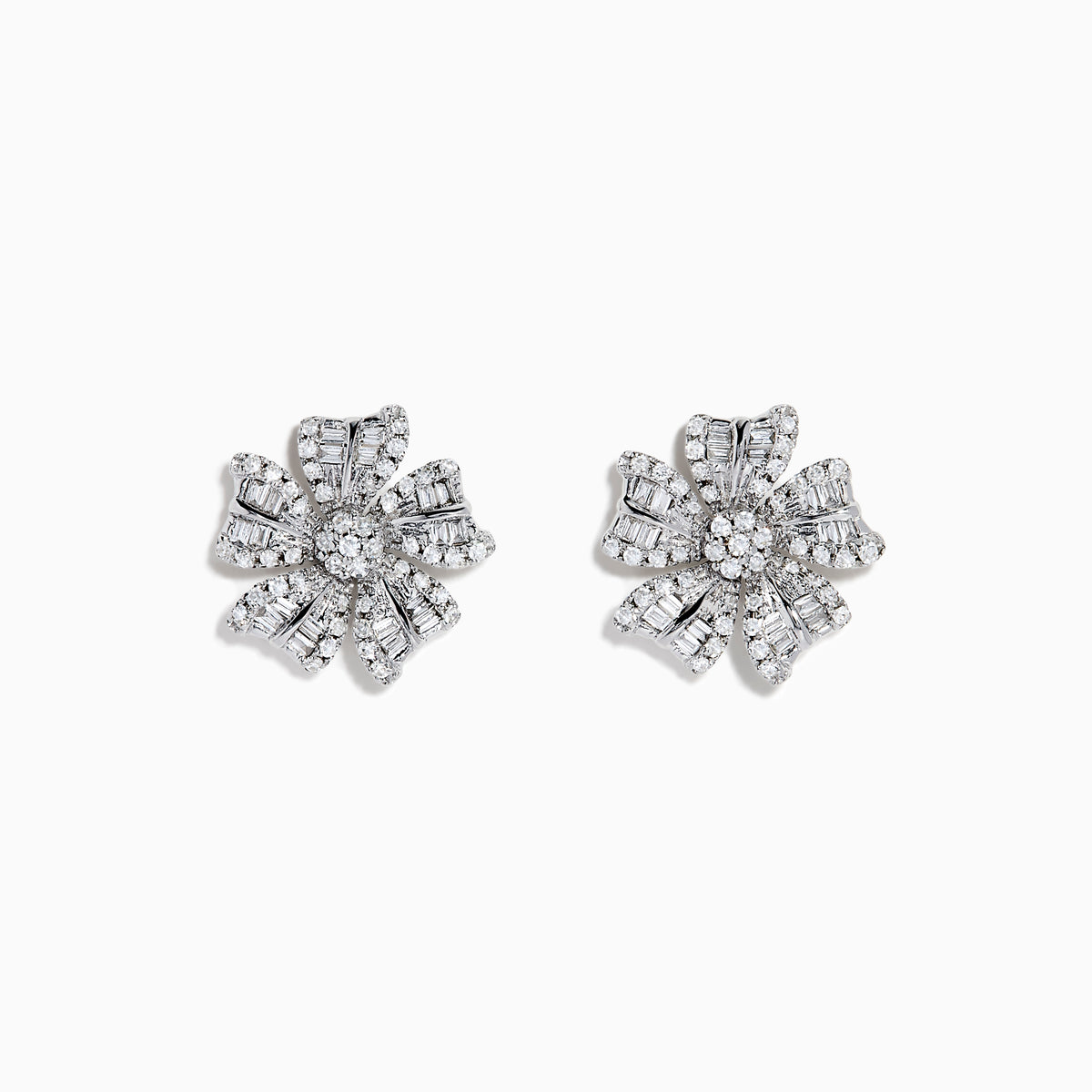 The 14K White Gold Diamond Flower Stud Earrings feature sparkling diamond-encrusted petals in a blossom design for timeless elegance.