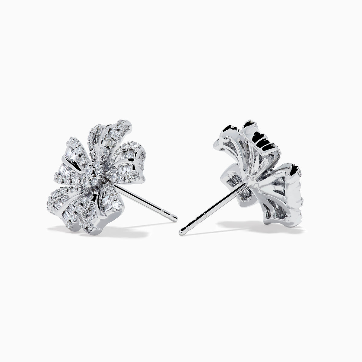 The 14K White Gold Diamond Flower Stud Earrings feature sparkling diamond-encrusted petals in a blossom design for timeless elegance.