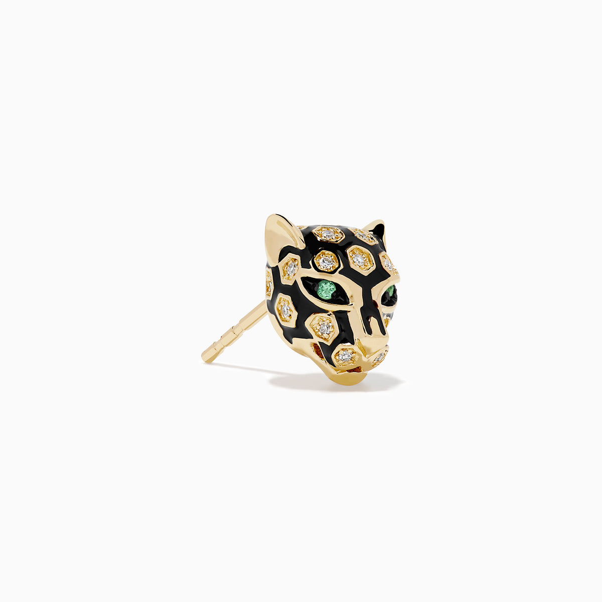 Signature 14K Yellow Gold Diamond and Enamel Panther Earrings featuring black and gold enamel, green eyes, and hexagonal diamond accents, showcased on a white background.