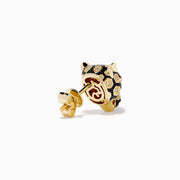 Signature 14K Yellow Gold Diamond and Enamel Panther Earrings featuring black and gold enamel, green eyes, and hexagonal diamond accents, showcased on a white background.
