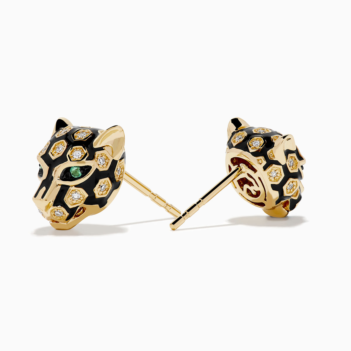 Signature 14K Yellow Gold Diamond and Enamel Panther Earrings featuring black and gold enamel, green eyes, and hexagonal diamond accents, showcased on a white background.