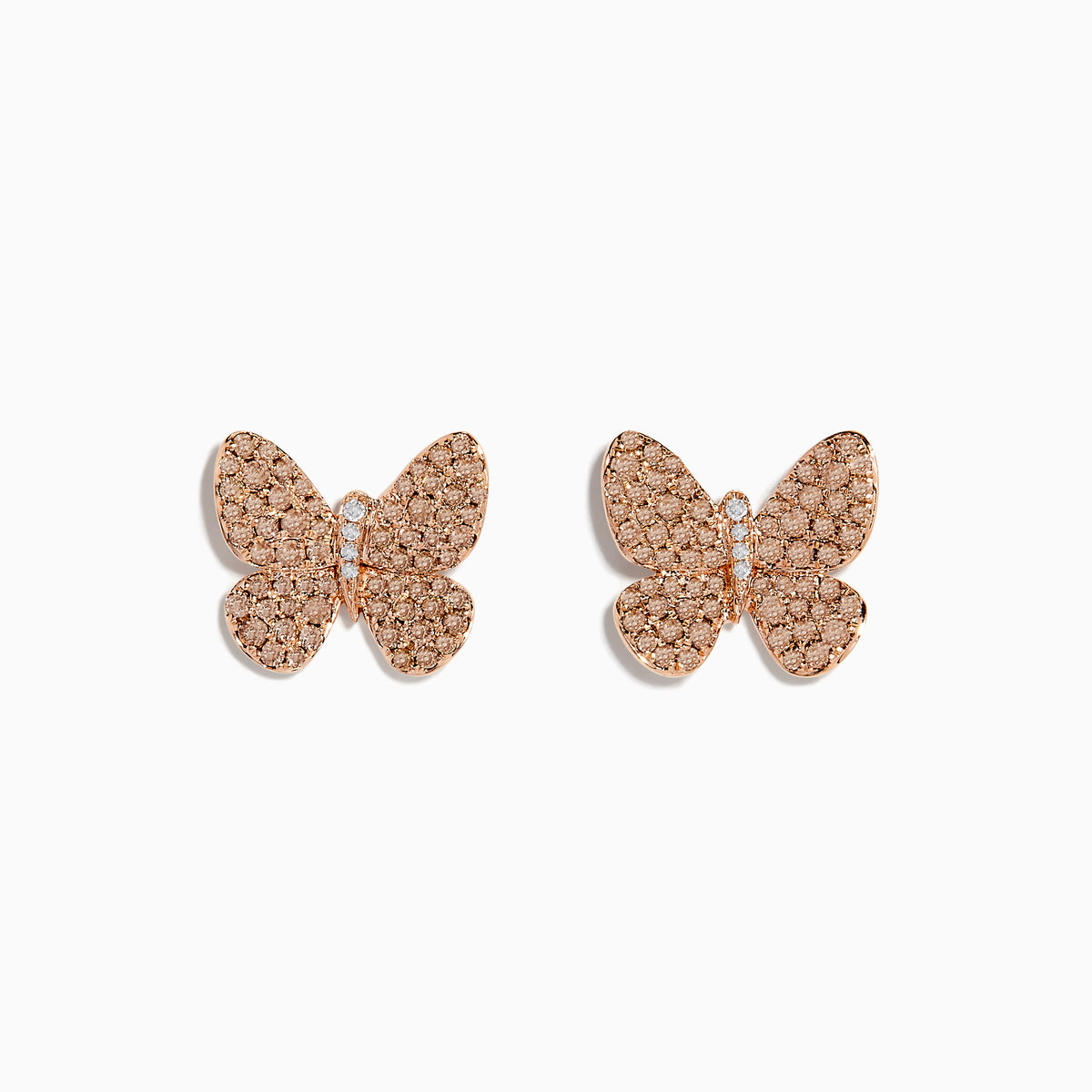 The 14K Rose Gold Diamond Butterfly Earrings, featuring sparkling crystals, are showcased on a white background.