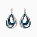 The Bella Bleu 14K White Gold Blue and White Diamond Earrings feature teardrop-shaped dangles with overlapping loops encrusted in blue and white diamonds, showcasing an intricate design against a white gold setting.