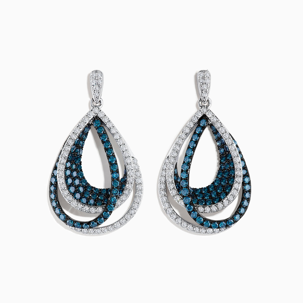 The Bella Bleu 14K White Gold Blue and White Diamond Earrings feature teardrop-shaped dangles with overlapping loops encrusted in blue and white diamonds, showcasing an intricate design against a white gold setting.