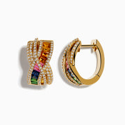 The 14K Yellow Gold Multi Color Sapphire and Diamond Crossover Hoop Earrings feature an intertwined design with sparkling diamonds and sapphires in yellow, pink, blue, and green for a luxurious, elegant look.