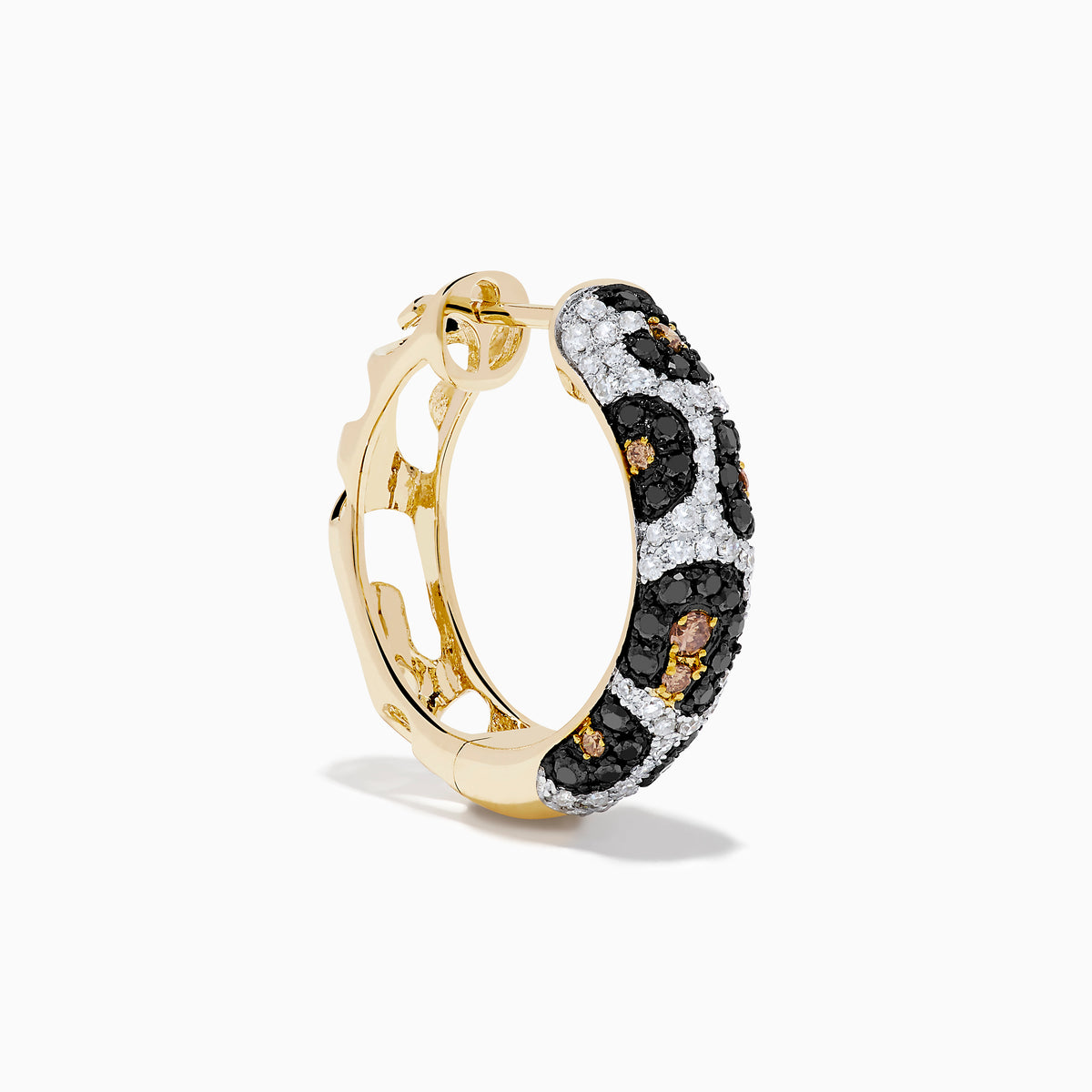 The Signature 14K Gold Black, Espresso and White Diamond Panther Print Earrings feature a textured, sparkling hoop design in elegant tones, shown against a plain white background.