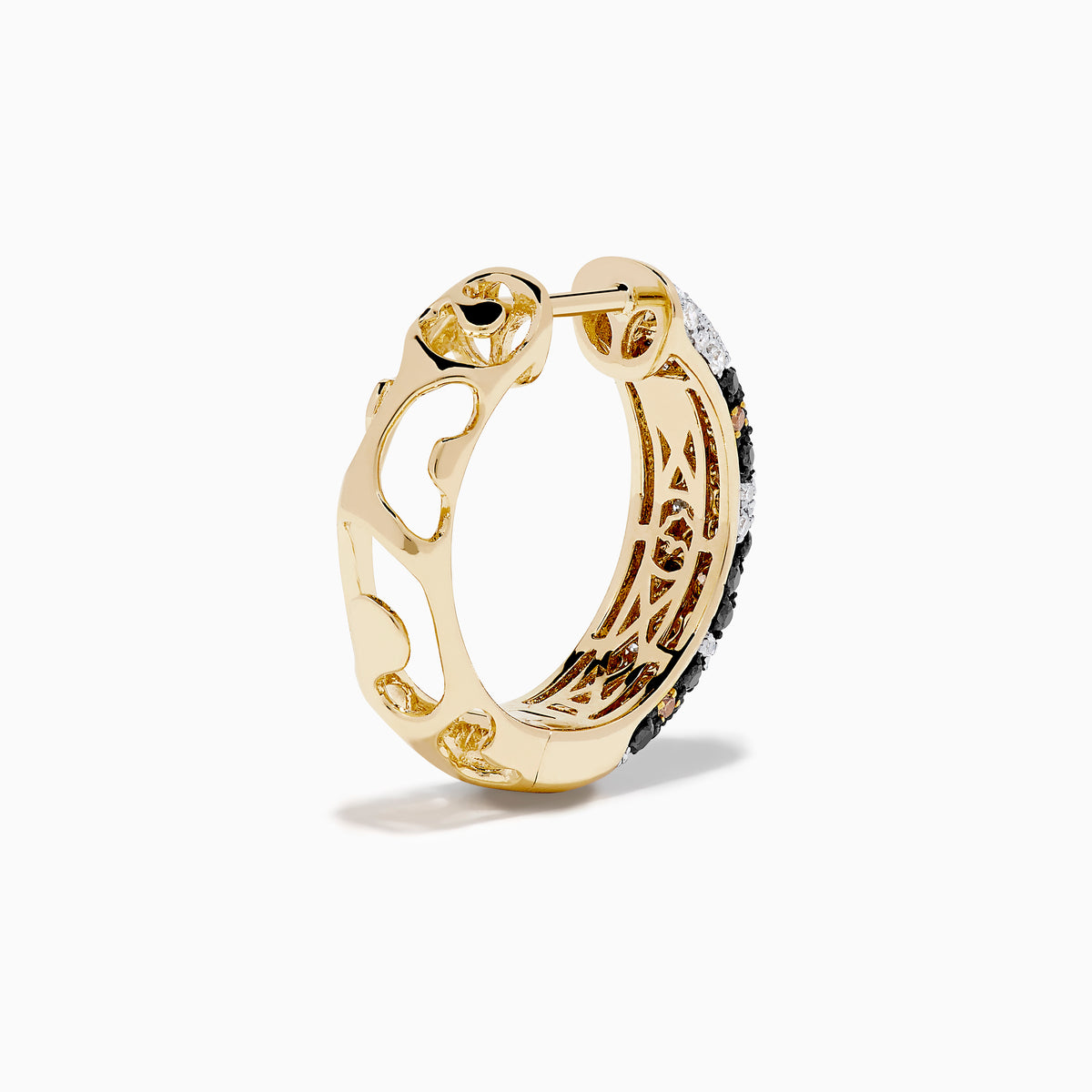 The Signature 14K Gold Black, Espresso and White Diamond Panther Print Earrings feature a textured, sparkling hoop design in elegant tones, shown against a plain white background.
