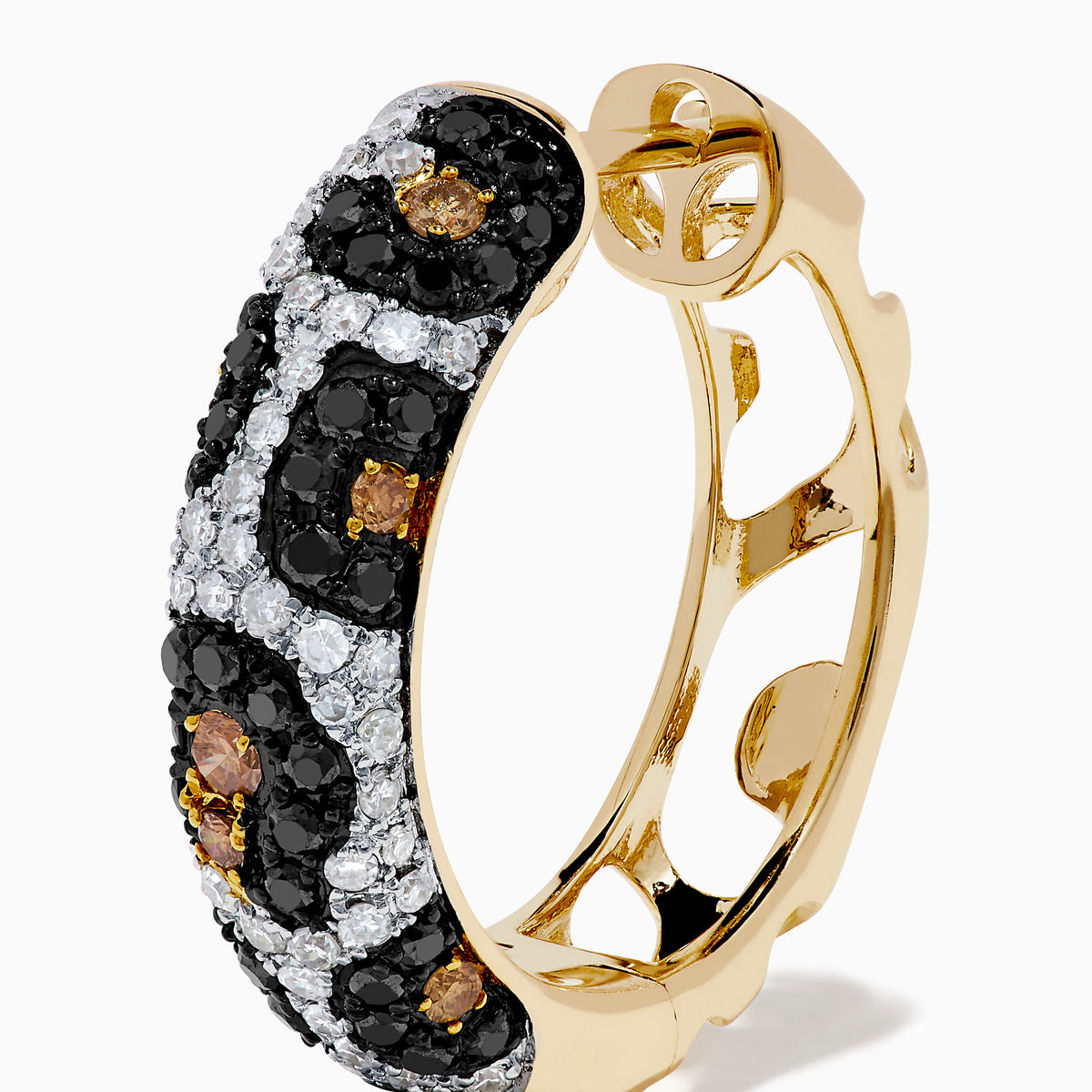 The Signature 14K Gold Black, Espresso and White Diamond Panther Print Earrings feature a textured, sparkling hoop design in elegant tones, shown against a plain white background.