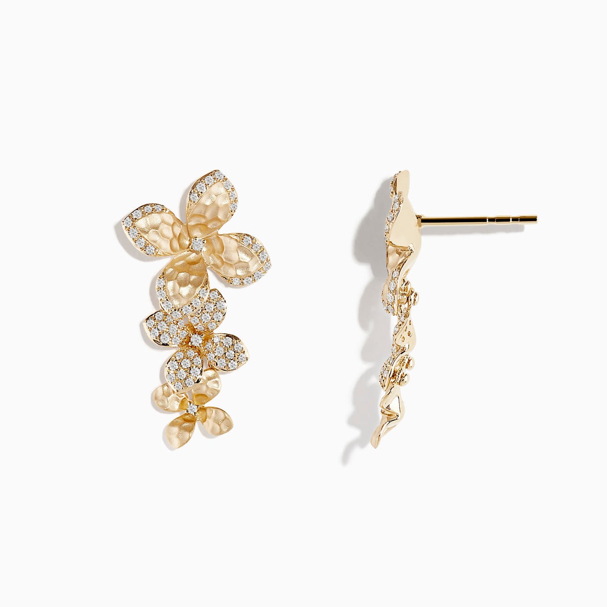 Doro 14 Karat Yellow Gold Diamond Flower Drop Earrings feature three gold floral designs with hammered petals and clusters of sparkling diamonds on each earring, arranged vertically for a striking look.