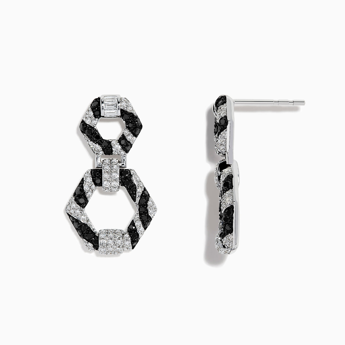 Showcased on a white background, these 14k White Gold Black and White Diamond Zebra Print Earrings feature alternating black and silver hexagonal segments encrusted with sparkling stones.