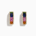 Watercolor 14k Gold Multi Sapphire and Diamond Huggie Earrings with rows of rainbow sapphires bordered by small white diamonds, displayed on a plain white background.
