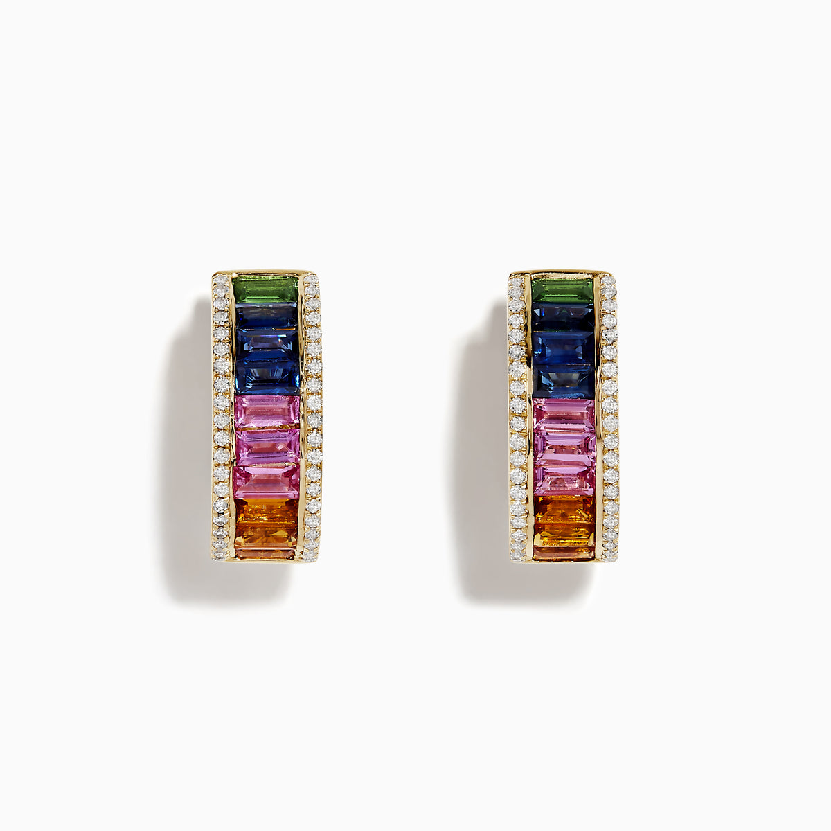 Watercolor 14k Gold Multi Sapphire and Diamond Huggie Earrings with rows of rainbow sapphires bordered by small white diamonds, displayed on a plain white background.