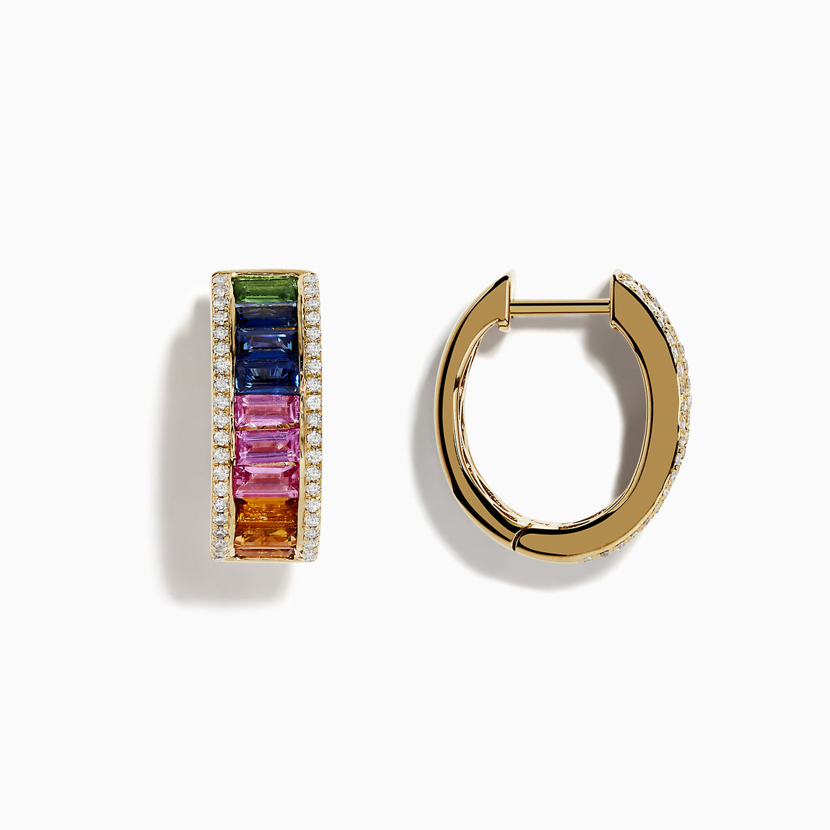 Watercolor 14k Gold Multi Sapphire and Diamond Huggie Earrings with rows of rainbow sapphires bordered by small white diamonds, displayed on a plain white background.