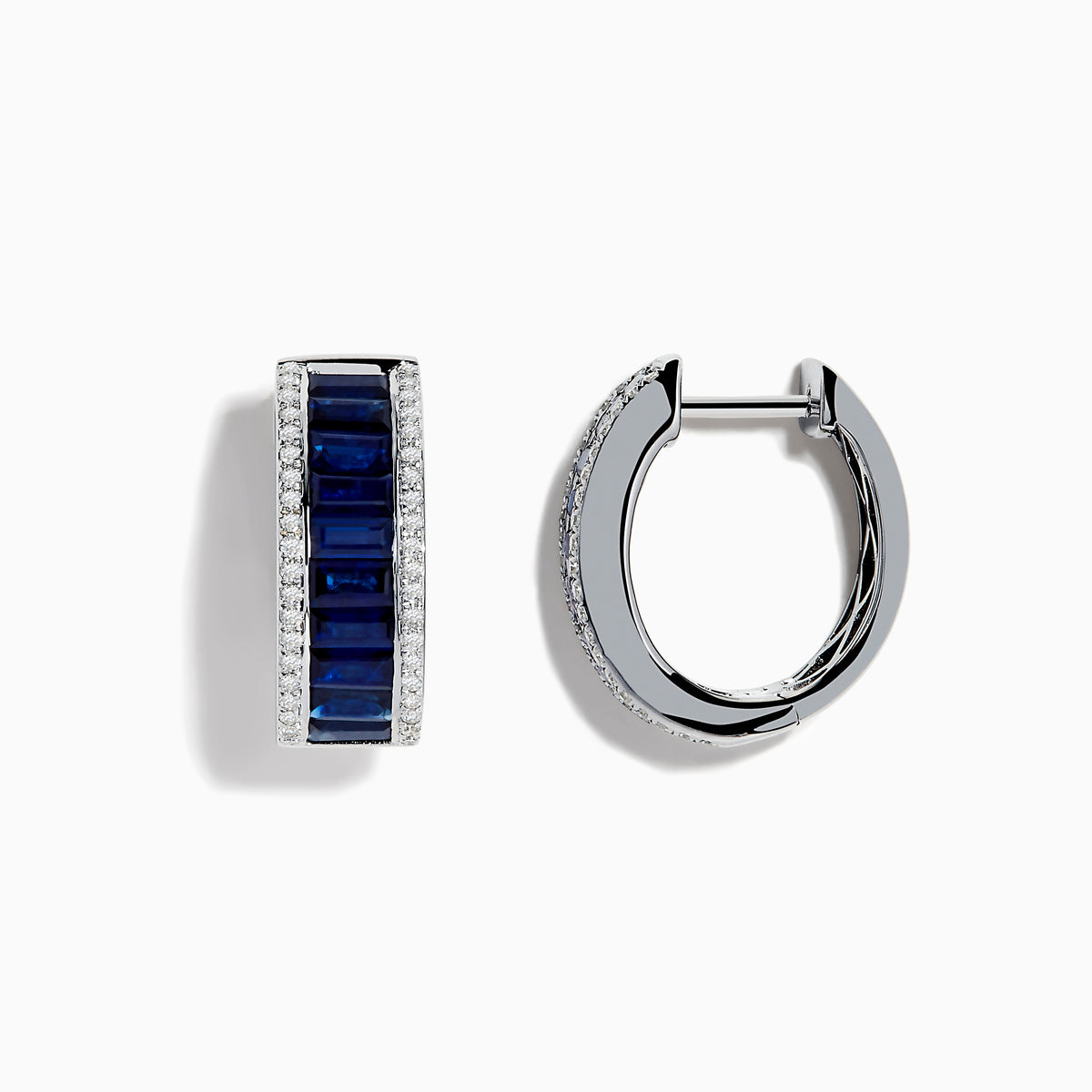 The Royale Bleu 14K White Gold Blue Sapphire and Diamond Earrings feature a center row of rectangular blue sapphires bordered by small white diamonds, all set in white gold and displayed on a plain white background.