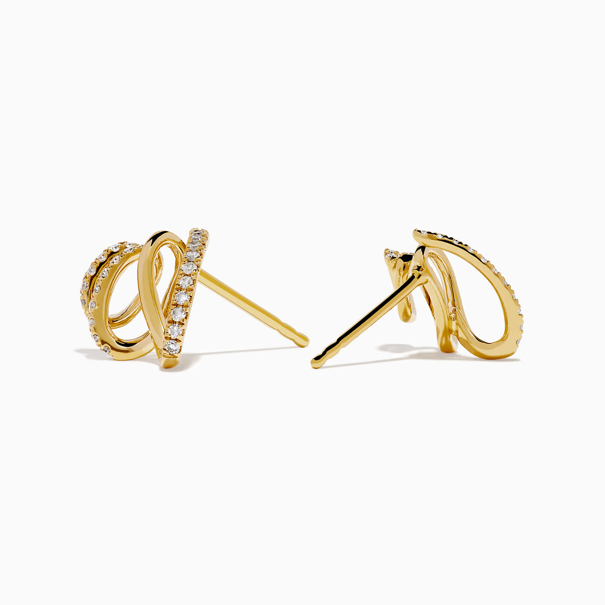 D’Oro 14K Yellow Gold Diamond Stud Earrings feature a spiral, overlapping design with sparkling diamonds along the curves, displayed against a plain white background.