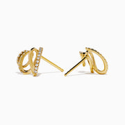 D’Oro 14K Yellow Gold Diamond Stud Earrings feature a spiral, overlapping design with sparkling diamonds along the curves, displayed against a plain white background.