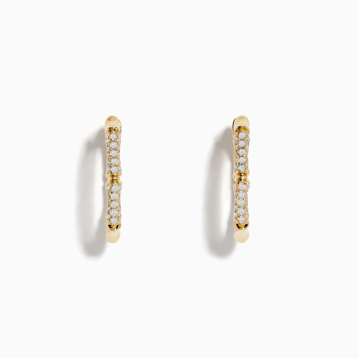 The DOro 14 Karat Yellow Gold 5/8 Diamond Bamboo Hoop Earrings, featuring sparkling diamonds in a bamboo-inspired design, are displayed on a plain white background.